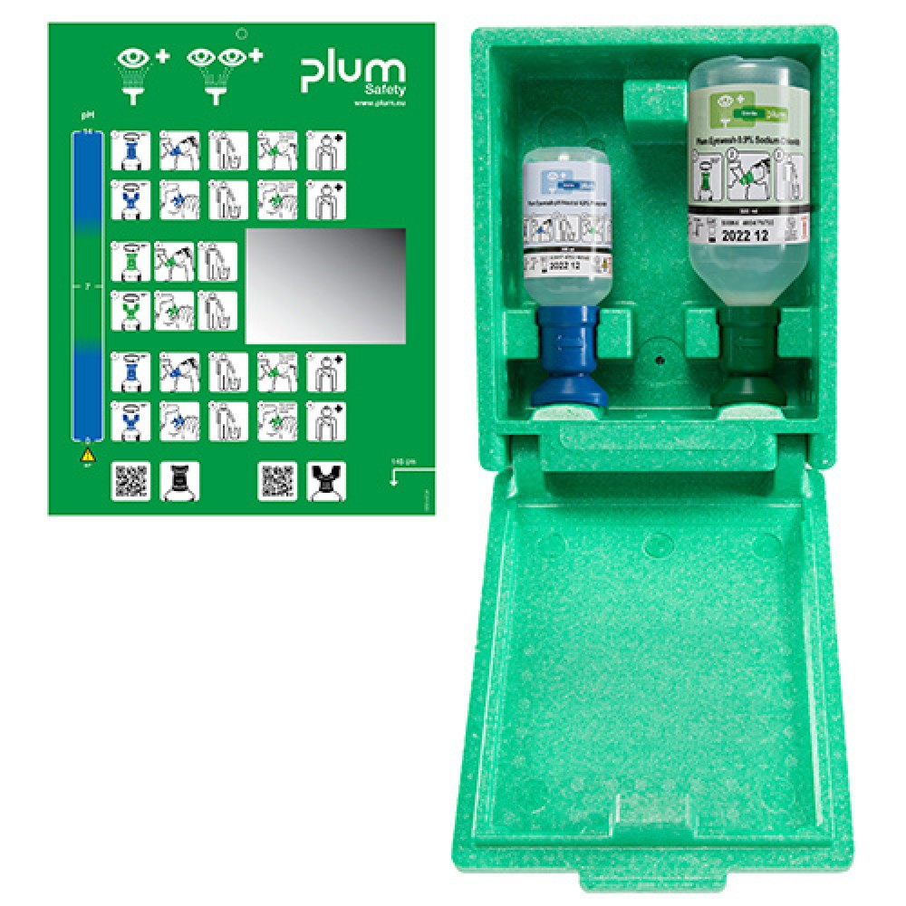 Produktabbildung: B-Safety Notfallstation plum in staubdichter Wandbox mit Spiegel, Natriumchloridlösung 500 ml , Phosphatpufferlösung 200 ml