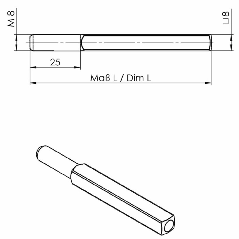 Produktabbildung: OGRO Wechselstift OGRO 115, Stahl, Vierkant 8 x 90 mm, M8