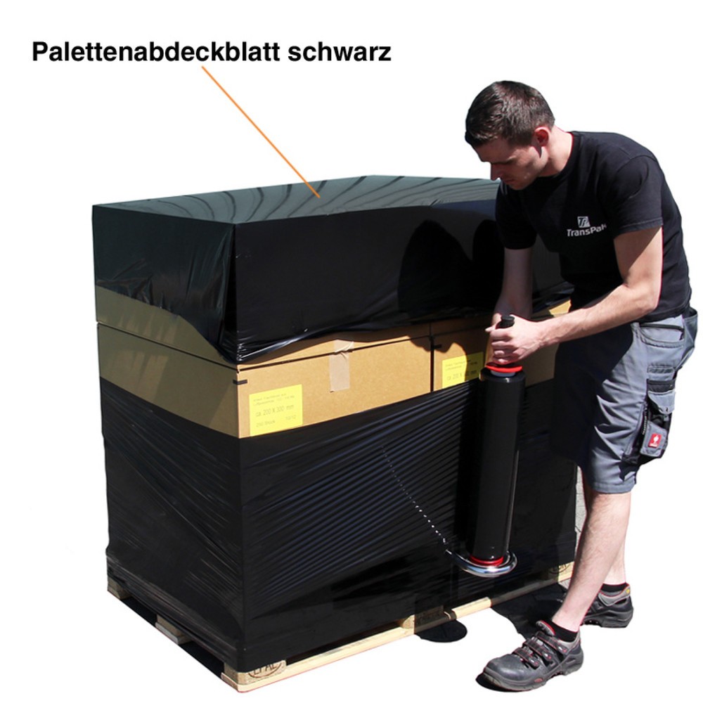 Produktabbildung: Paletten-Abdeckblätter, PE, 30 µ, LxB 1.800 x 1.500 mm, schwarz, 1 Rolle á 200 Stk.