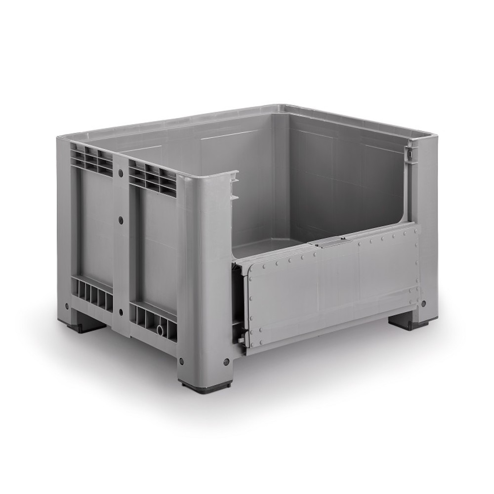 Produktabbildung: Palettenbox L, grau, 1200x1000x760 mm, geschlossen, mit Entnahmeklappe und 4 Füßen