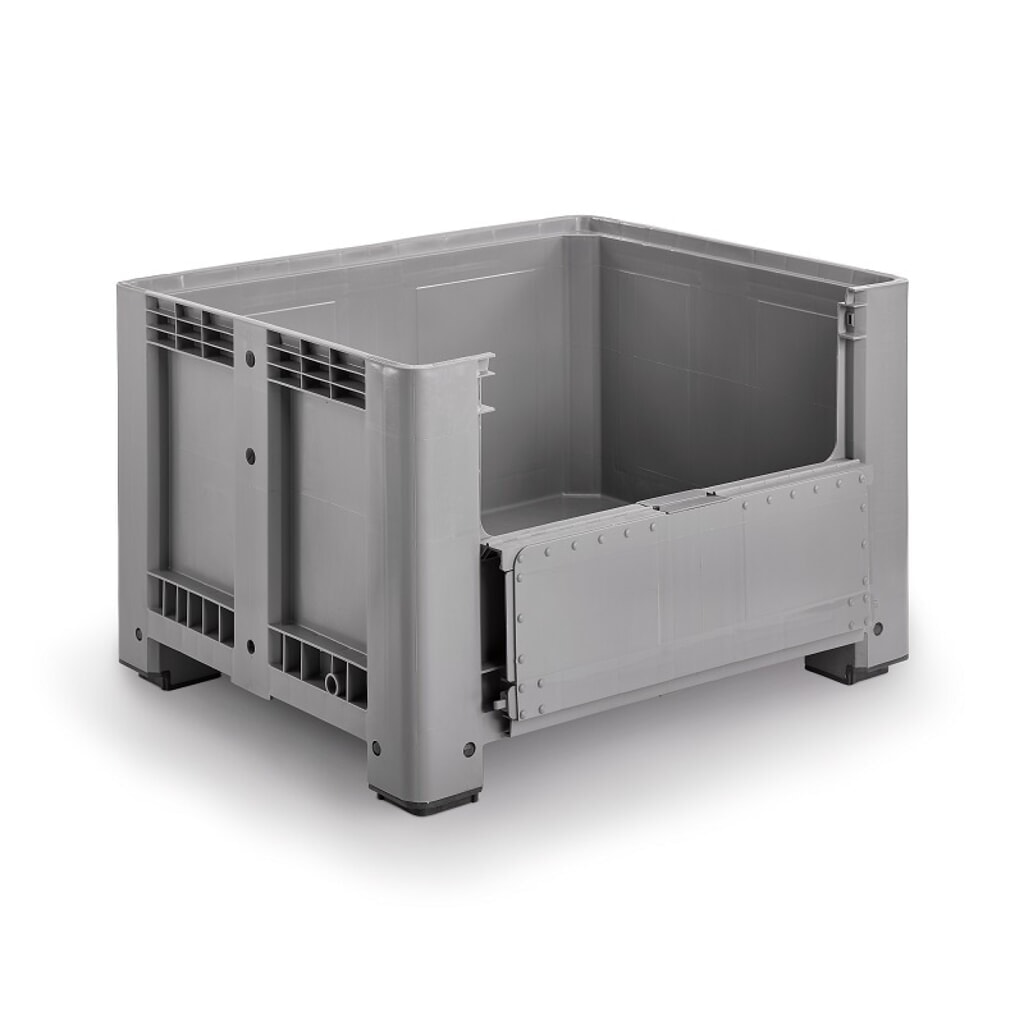 Palettenbox L, grau, 1200x1000x760 mm, geschlossen, mit Entnahmeklappe und 4 Füßen Produktabbildung: Palettenbox L, grau, 1200x1000x760 mm, geschlossen, mit Entnahmeklappe und 4 Füßen
