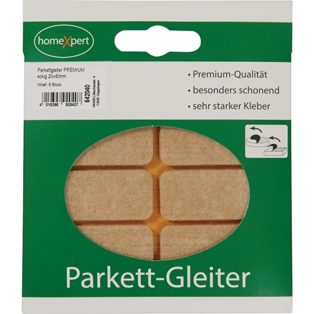 Produktabbildung: Parkettgleiter Premium, Filz natur eckig, 20 x 40 mm, selbstklebend