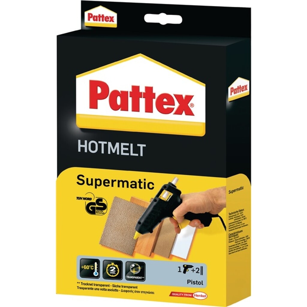PATTEX Heißklebepistole Supermatic Klebeleistung 4,5 g/min 7-10 min 11mm Produktabbildung: PATTEX Heißklebepistole Supermatic Klebeleistung 4,5 g/min 7-10 min 11mm