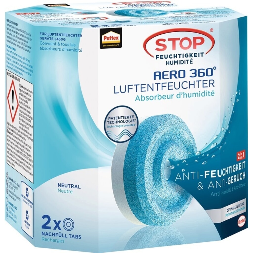 Produktabbildung: PATTEX Luftentfeuchter Aero 360, PLAN2 neutral, 2 Tabs à 450 g, Pack