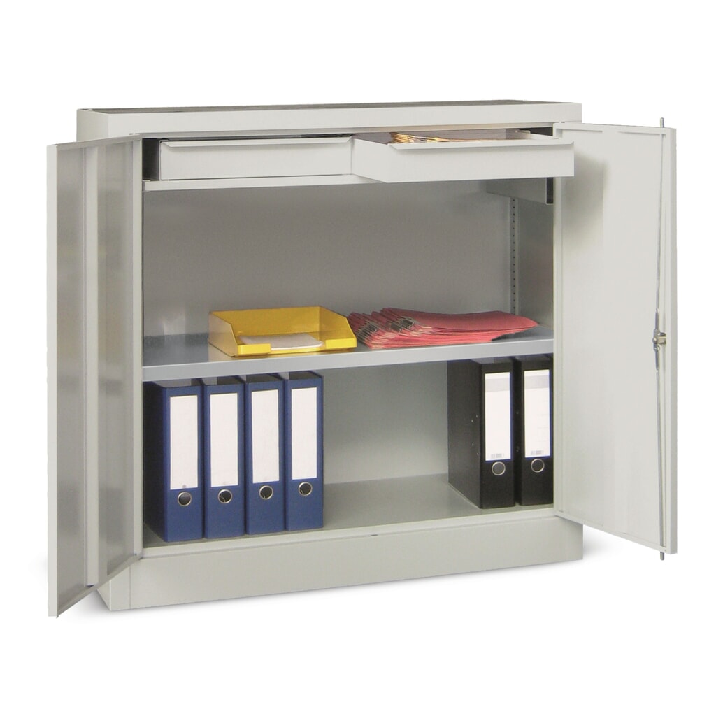 PAVOY Beistellschrank mit 1 Fachboden + 2 Schubladen, HxBxT 1.000 x 1.000 x 500 mm, lichtgrau, lichtgrau Produktabbildung: PAVOY Beistellschrank mit 1 Fachboden + 2 Schubladen, HxBxT 1.000 x 1.000 x 500 mm, lichtgrau, lichtgrau