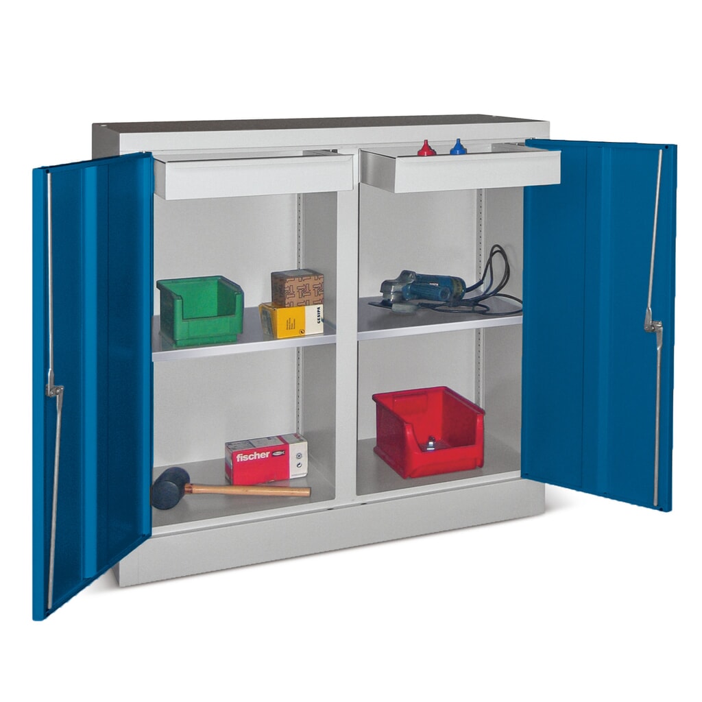 Produktabbildung: PAVOY Beistellschrank mit 2 Fachböden + 2 Schubladen, HxBxT 1.000 x 1.000 x 500 mm, Trennwand, lichtgrau, lichtgrau