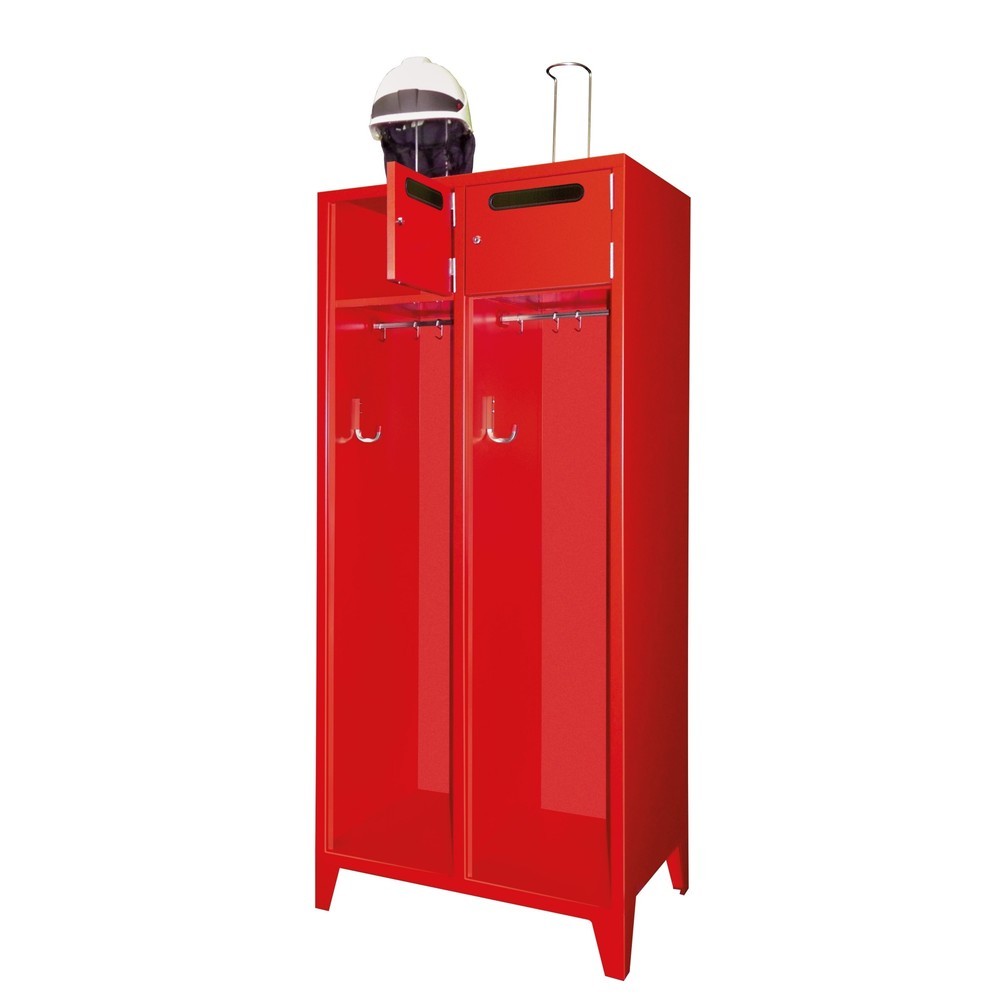 Produktabbildung: PAVOY Feuerwehrschrank mit Edelstahl-Helmhalter, Füße, 2tlg., AB 400, Schließfachtüren mit Einwurfschlitz und Zylinderschloss
