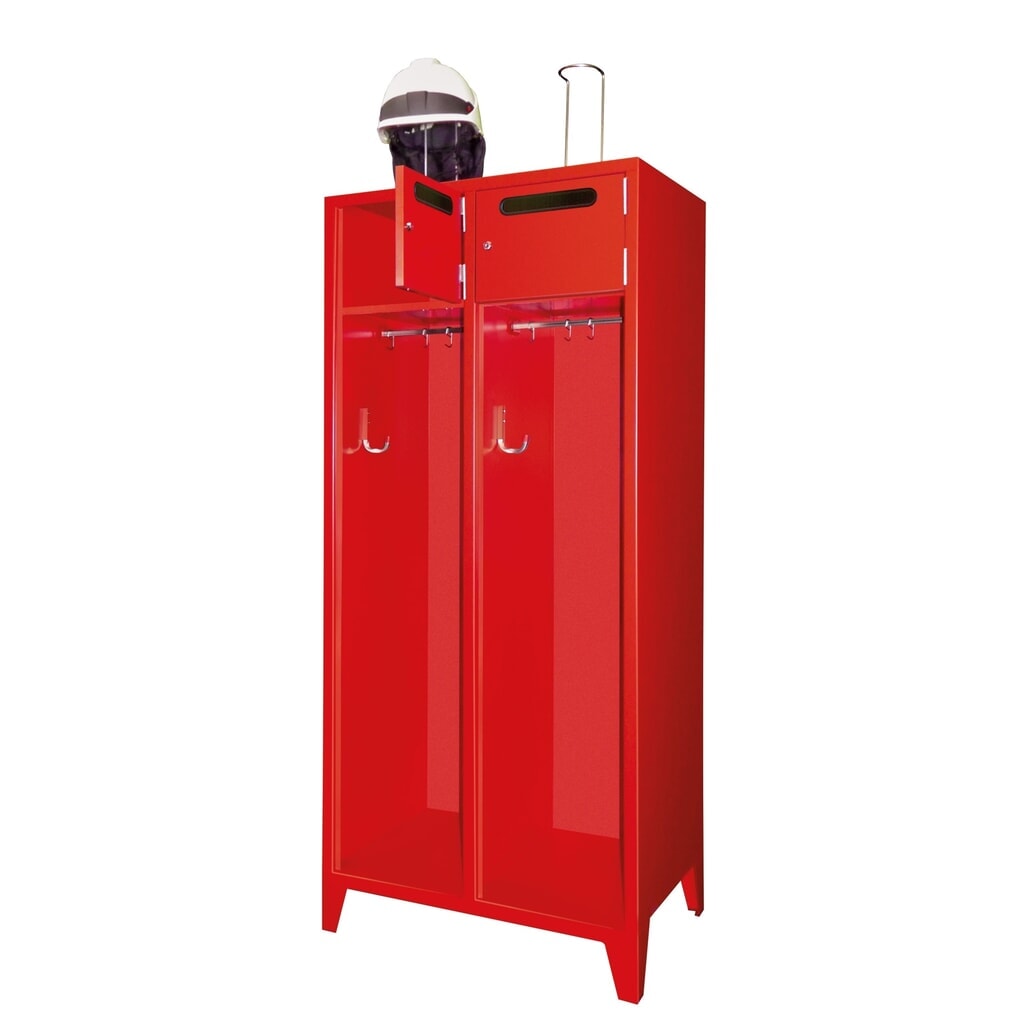 Produktabbildung: PAVOY Feuerwehrschrank mit Edelstahl-Helmhalter, Füße, 2tlg., AB 400, Schließfachtüren mit Einwurfschlitz und Zylinderschloss