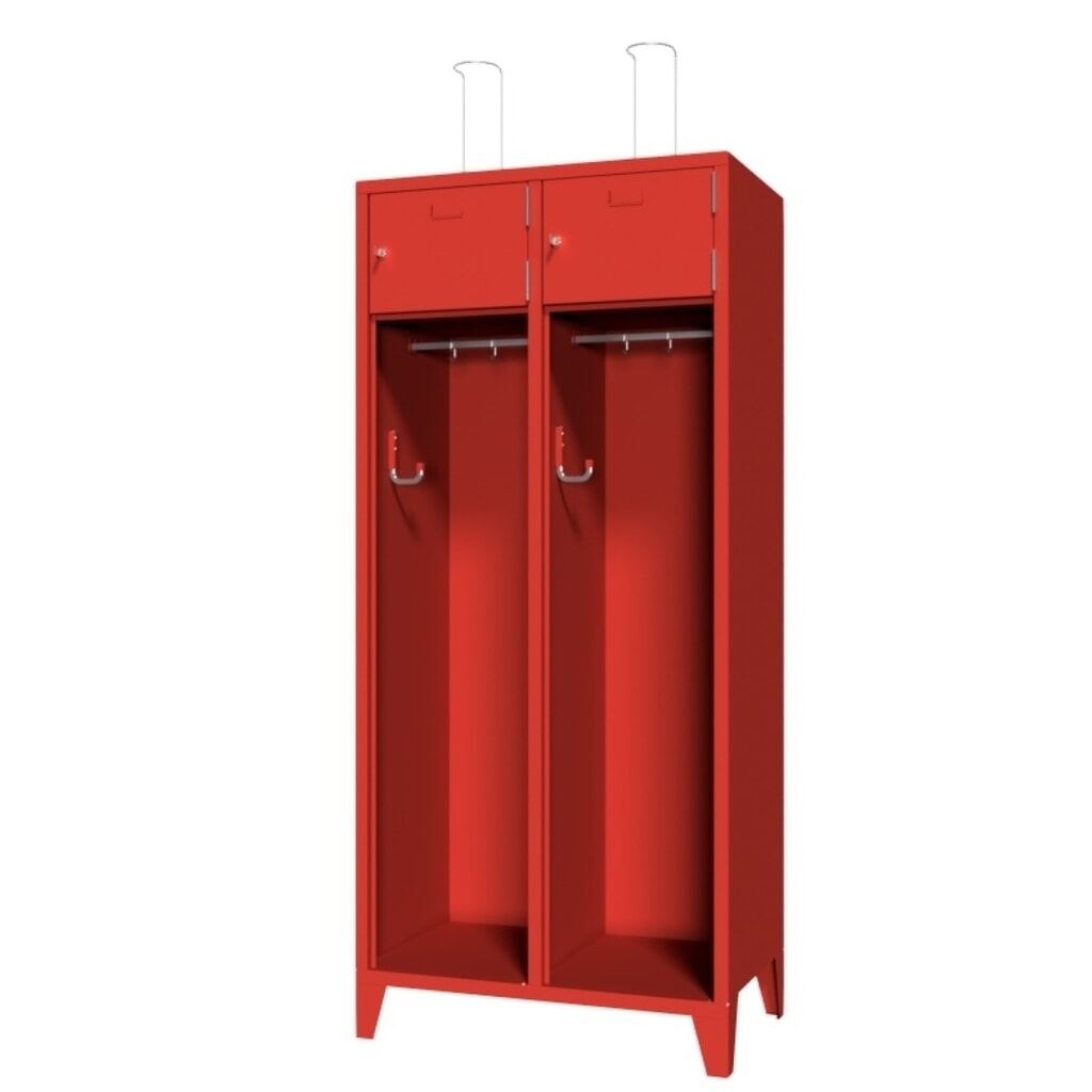 PAVOY Feuerwehrschrank mit Edelstahl-Helmhalter, Füße, 2tlg., AB 400, Schließfachtüren mit Etikettenrahmen und Zylinderschloss Produktabbildung: PAVOY Feuerwehrschrank mit Edelstahl-Helmhalter, Füße, 2tlg., AB 400, Schließfachtüren mit Etikettenrahmen und Zylinderschloss