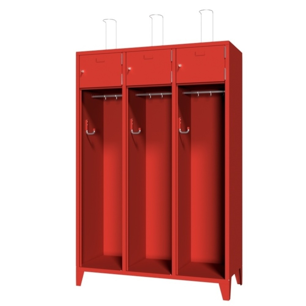 Produktabbildung Nr. 1: PAVOY Feuerwehrschrank mit Edelstahl-Helmhalter, Füße, 3tlg., AB 400, Schließfachtüren mit Etikettenrahmen und Zylinderschloss