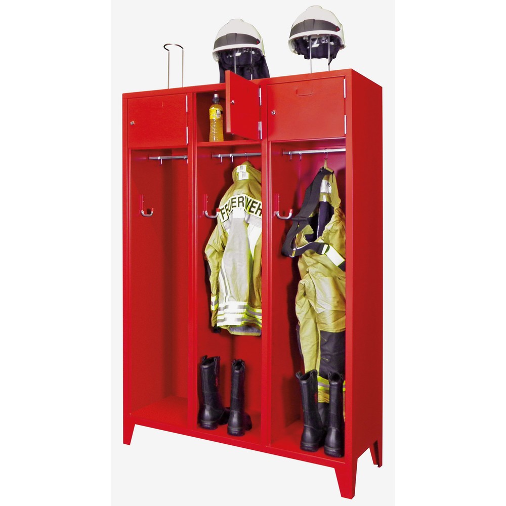Produktabbildung Nr. 3: PAVOY Feuerwehrschrank mit Edelstahl-Helmhalter, Füße, 3tlg., AB 400, Schließfachtüren mit Etikettenrahmen und Zylinderschloss