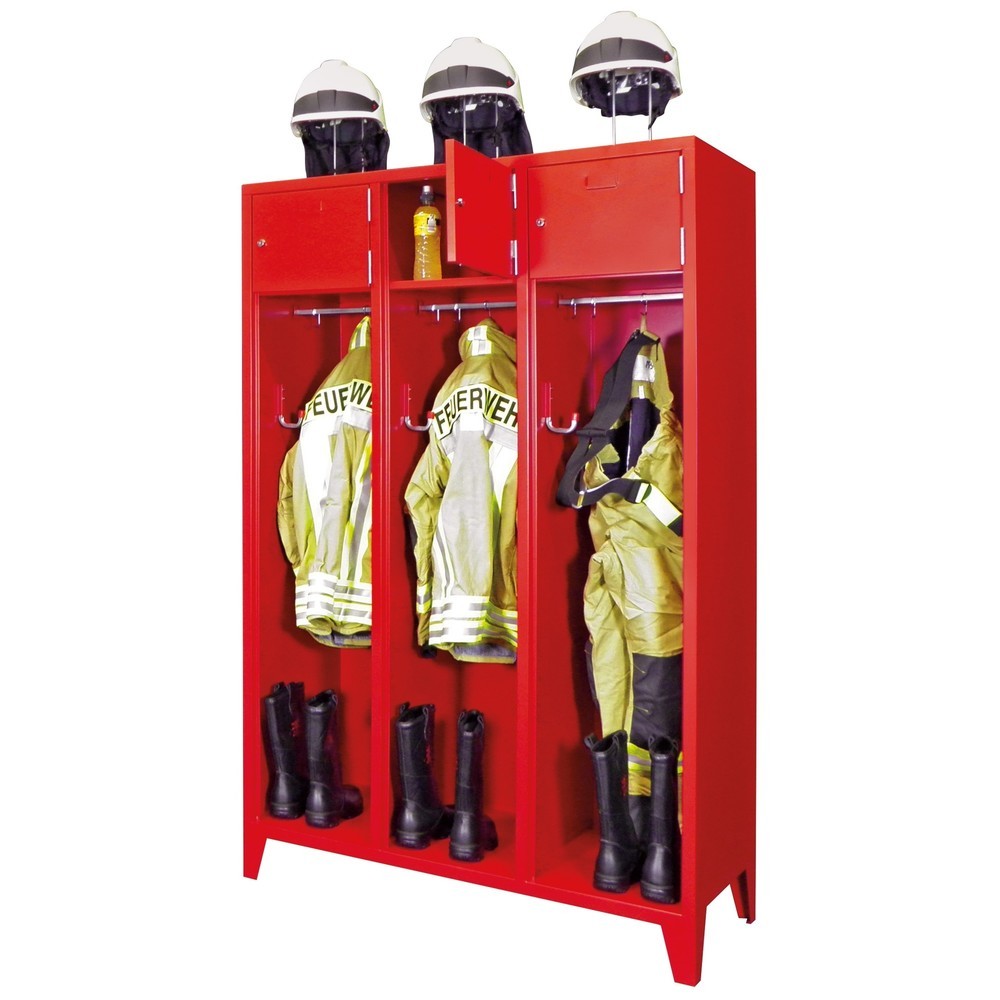 Produktabbildung Nr. 4: PAVOY Feuerwehrschrank mit Edelstahl-Helmhalter, Füße, 3tlg., AB 400, Schließfachtüren mit Etikettenrahmen und Zylinderschloss