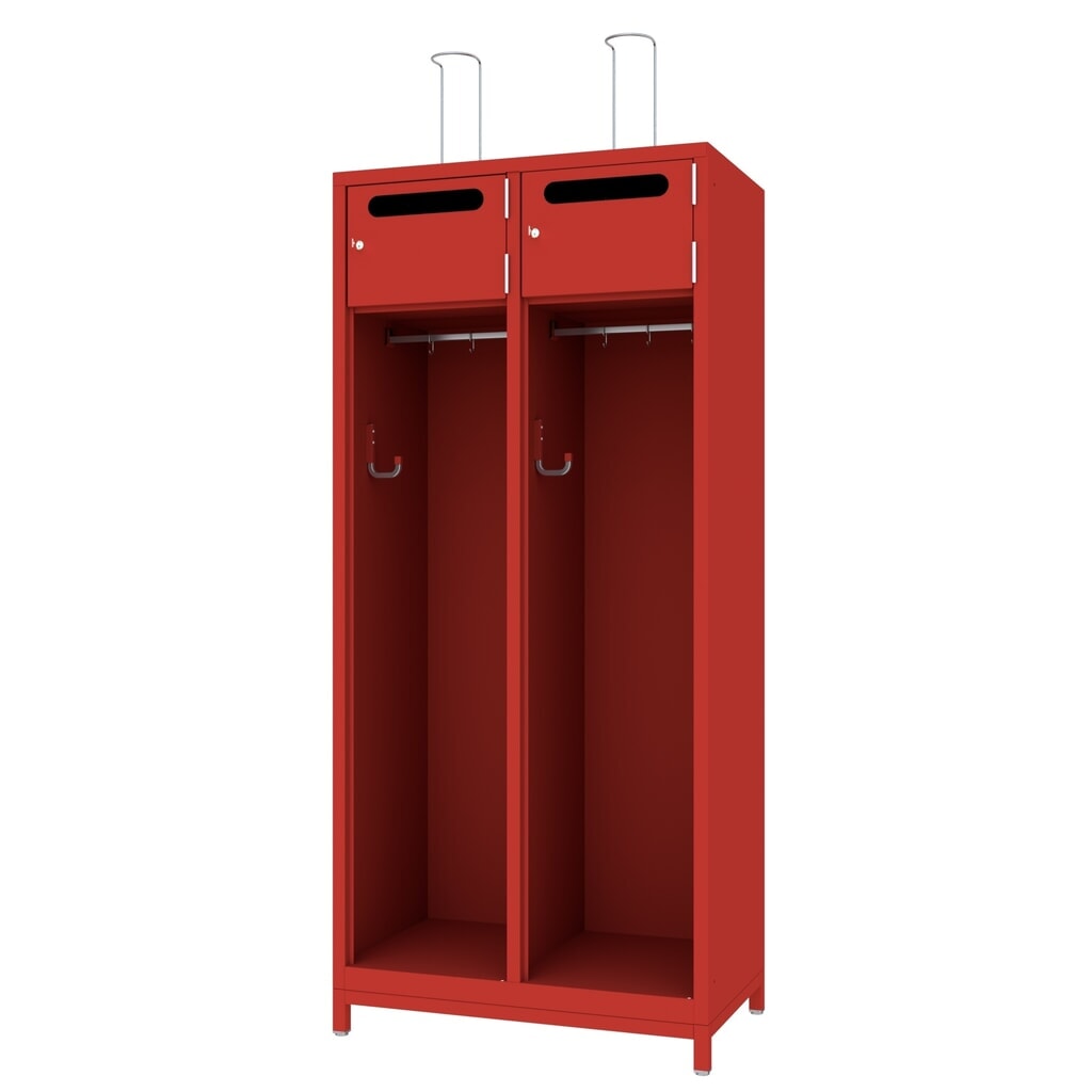 Produktabbildung: PAVOY Feuerwehrschrank mit Edelstahl-Helmhalter, Untergestell, 2tlg., AB 400, Schließfachtüren mit Einwurfschlitz und Zylinderschloss