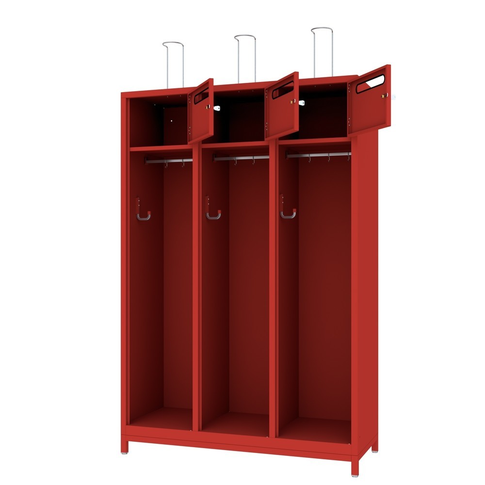 Produktabbildung Nr. 2: PAVOY Feuerwehrschrank mit Edelstahl-Helmhalter, Untergestell, 3tlg., AB 400, Schließfachtüren mit Einwurfschlitz und Zylinderschloss