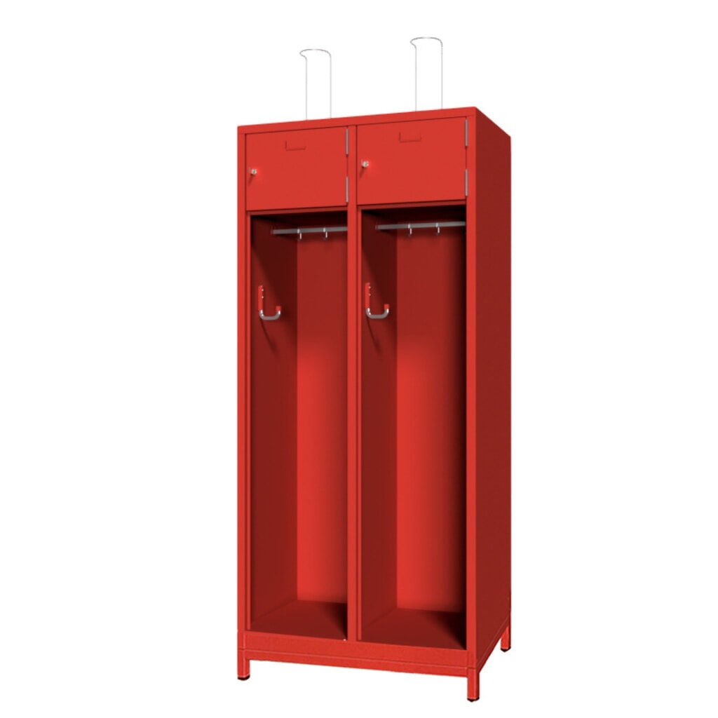 Produktabbildung: PAVOY Feuerwehrschrank mit Edelstahl-Helmhalter, Untergestell, 2tlg., AB 400, Schließfachtüren mit Etikettenrahmen und Zylinderschloss