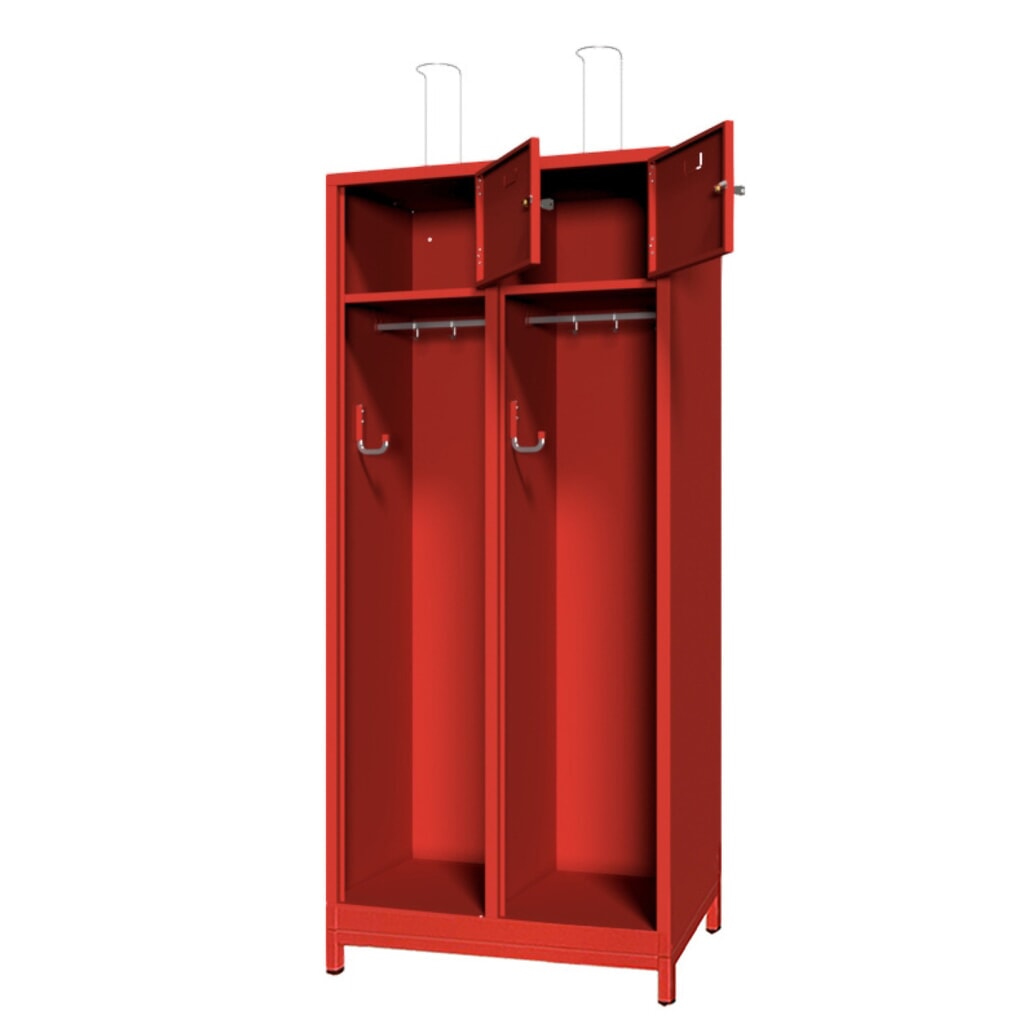 Produktabbildung Nr. 2: PAVOY Feuerwehrschrank mit Edelstahl-Helmhalter, Untergestell, 2tlg., AB 400, Schließfachtüren mit Etikettenrahmen und Zylinderschloss