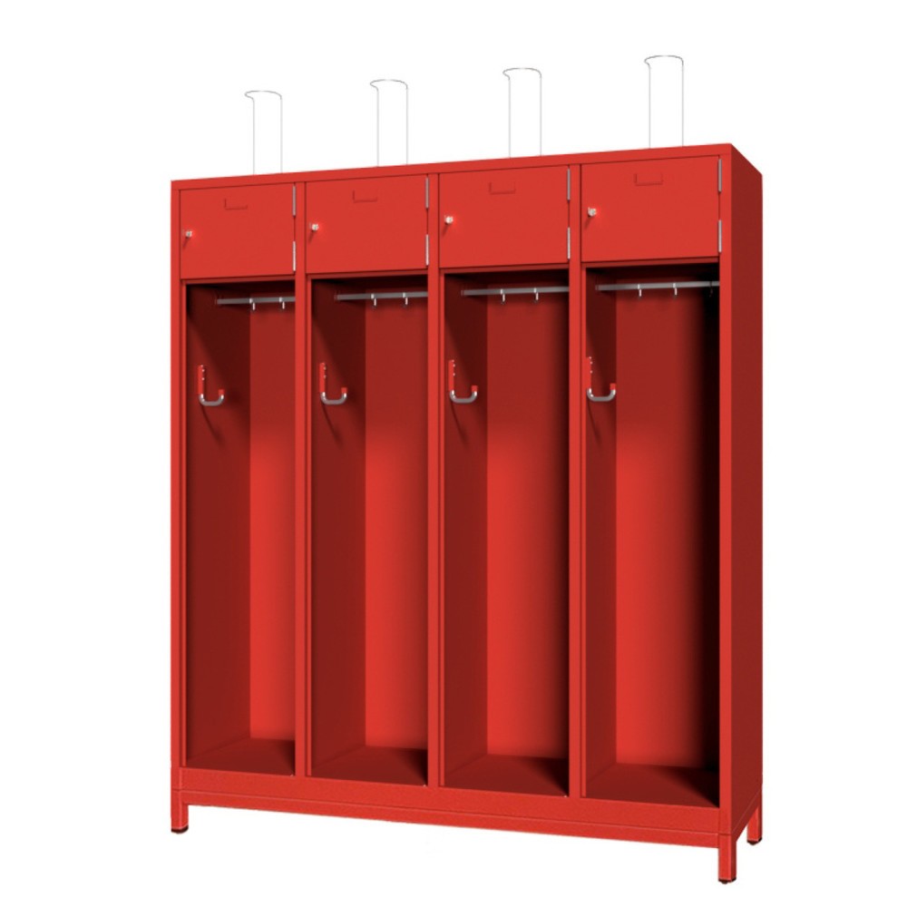 Produktabbildung: PAVOY Feuerwehrschrank mit Edelstahl-Helmhalter, Untergestell, 4tlg., AB 400, Schließfachtüren mit Etikettenrahmen und Zylinderschloss
