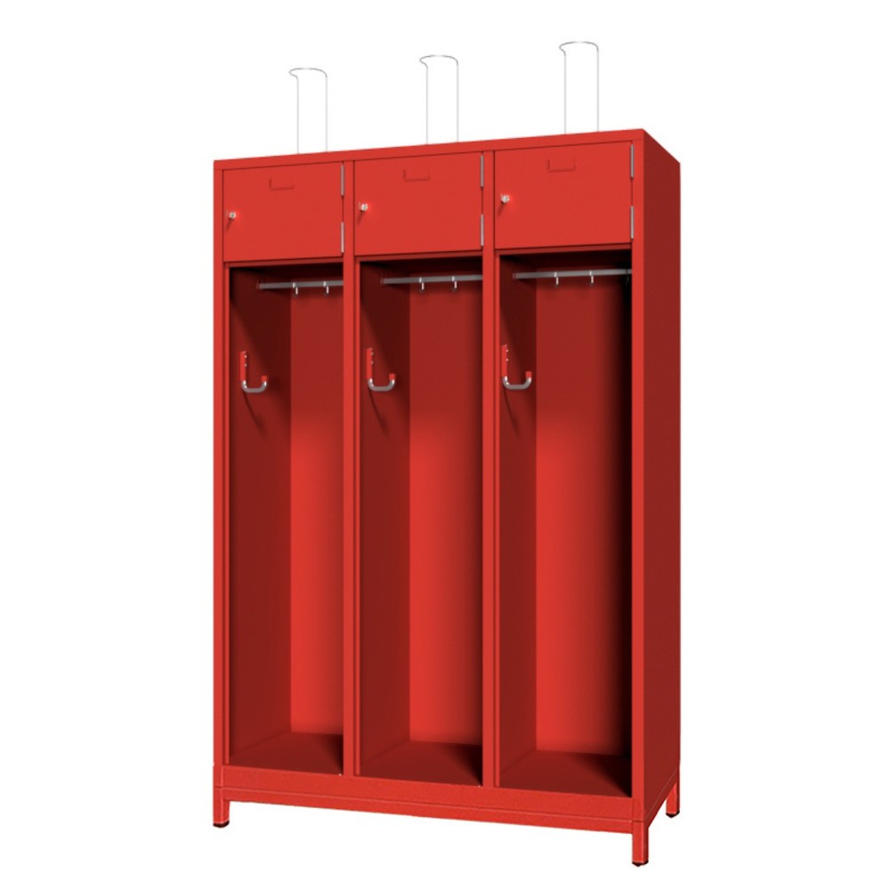 Produktabbildung: PAVOY Feuerwehrschrank mit Edelstahl-Helmhalter, Untergestell, 3tlg., AB 400, Schließfachtüren mit Etikettenrahmen und Zylinderschloss
