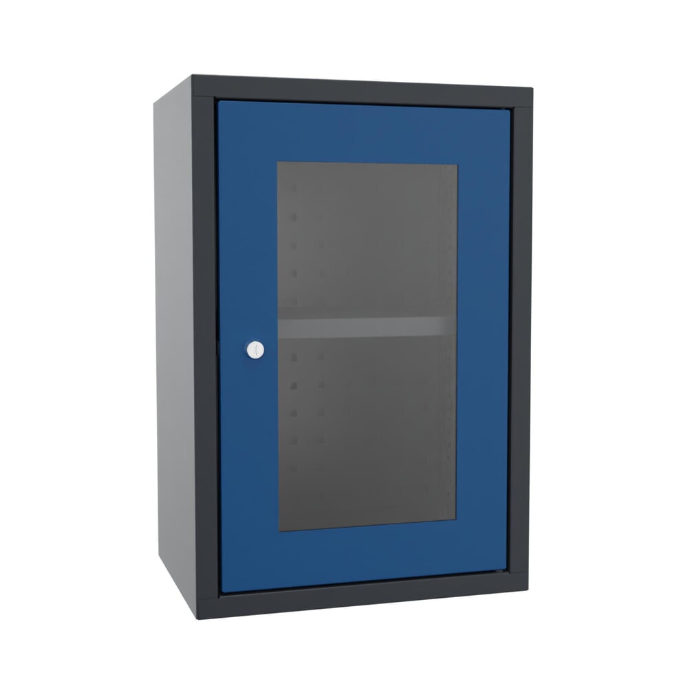 Produktabbildung: PAVOY Hängeschrank mit Sichtfenster, HxBxT 600 x 400 x 300 mm, Lochrückwand, enzianblau, anthrazitgrau