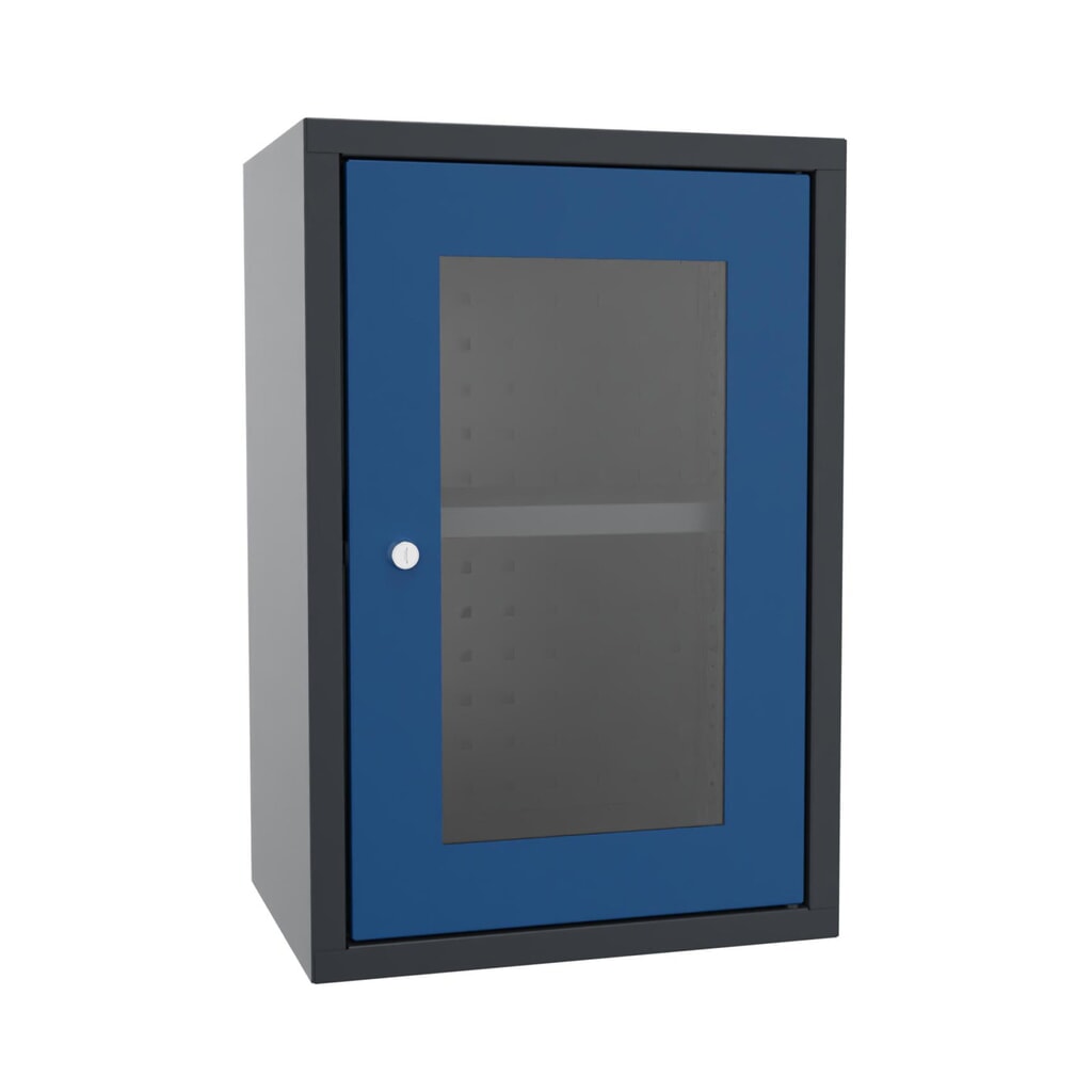 Produktabbildung: PAVOY Hängeschrank mit Sichtfenster, HxBxT 600 x 400 x 300 mm, Lochrückwand, enzianblau, anthrazitgrau