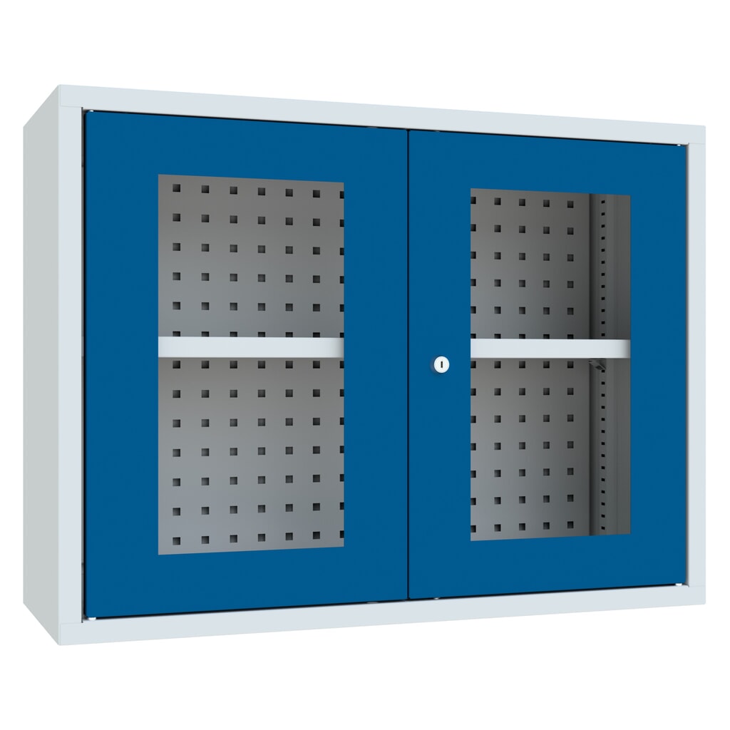 PAVOY Hängeschrank mit Sichtfenster, HxBxT 600 x 800 x 300 mm, Lochrückwand, enzianblau, lichtgrau Produktabbildung: PAVOY Hängeschrank mit Sichtfenster, HxBxT 600 x 800 x 300 mm, Lochrückwand, enzianblau, lichtgrau