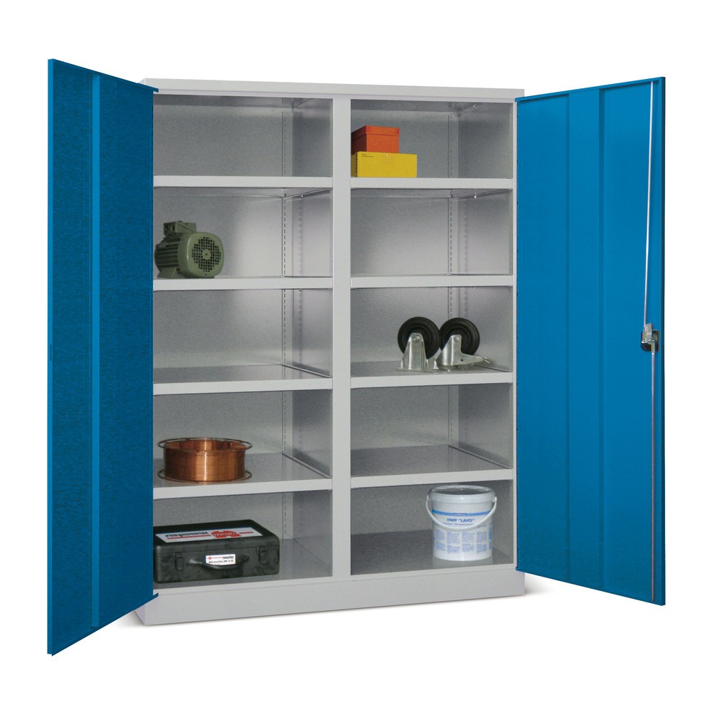 Produktabbildung: PAVOY Industrie-Schwerlastschrank Premium mit Mittelwand, 8 Fachböden, HxBxT 1.950 x 1.470 x 630 mm, himmelblau, lichtgrau