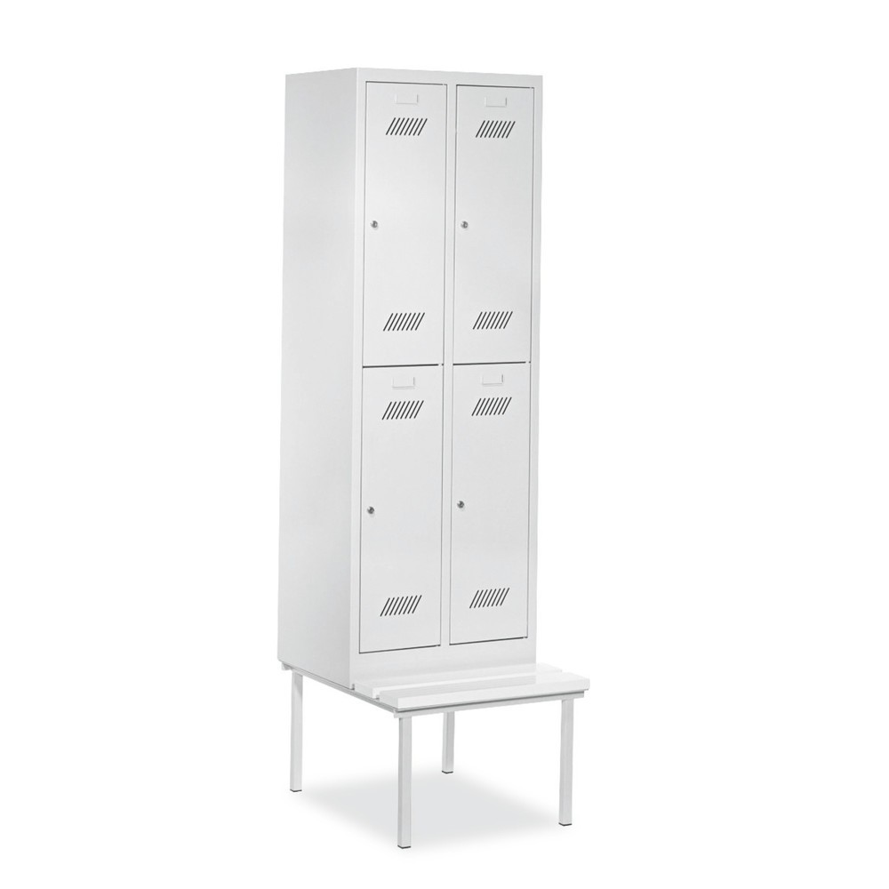 Produktabbildung: PAVOY Kleiderspind mit Sitzbank, 2-stöckig, 2 x 2 Fächer à 300 mm, Drehriegelverschluss, enzianblau, lichtgrau