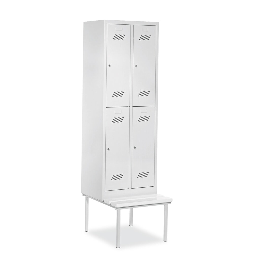 Produktabbildung: PAVOY Kleiderspind mit Sitzbank, 2-stöckig, 2 x 2 Fächer à 300 mm, Drehriegelverschluss, reinweiß, reinweiß