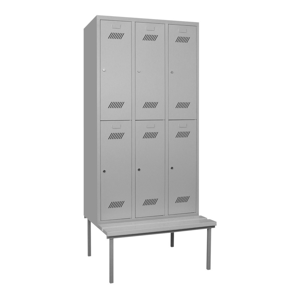 Produktabbildung: PAVOY Kleiderspind mit Sitzbank, 2-stöckig, 3 x 2 Fächer à 300 mm, Drehriegelverschluss, himmelblau, lichtgrau