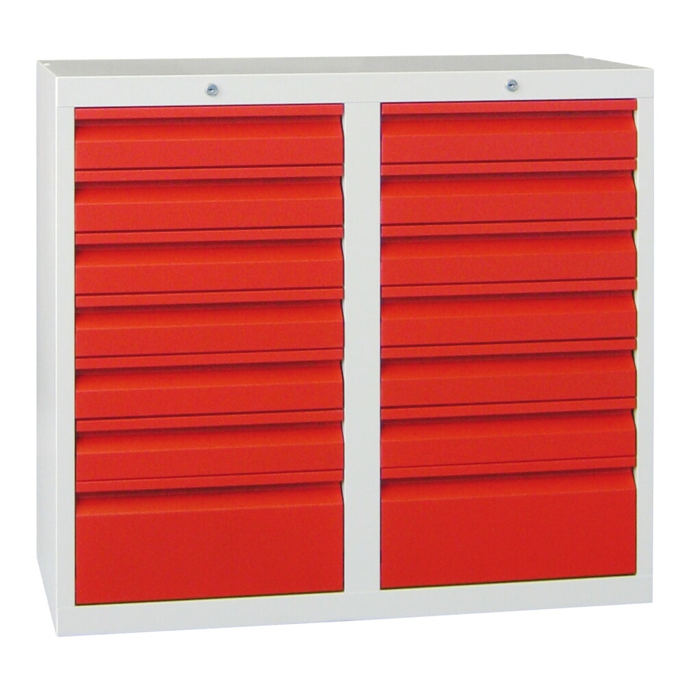 Produktabbildung: PAVOY Leichter Schubladenschrank, Gleitführung, Schubladen 12x100 + 2x200 mm, Breite 1.000 mm, feuerrot, lichtgrau