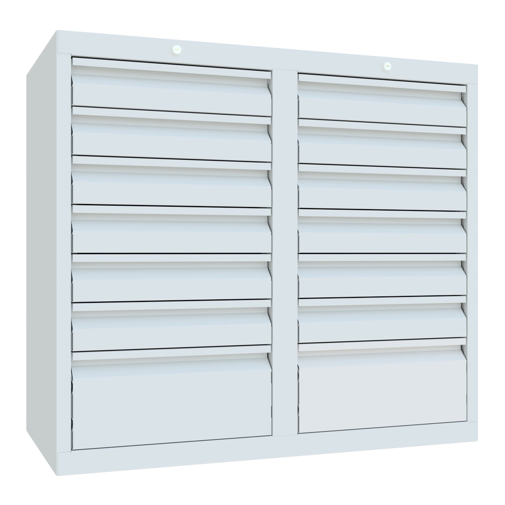 PAVOY Leichter Schubladenschrank, Gleitführung, Schubladen 12x100 + 2x200 mm, Breite 1.000 mm, lichtgrau, lichtgrau Produktabbildung: PAVOY Leichter Schubladenschrank, Gleitführung, Schubladen 12x100 + 2x200 mm, Breite 1.000 mm, lichtgrau, lichtgrau