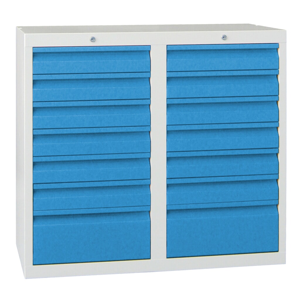 Produktabbildung: PAVOY Leichter Schubladenschrank, Gleitführung, Schubladen 12x100 + 2x200 mm, Breite 1.000 mm, lichtblau, lichtgrau