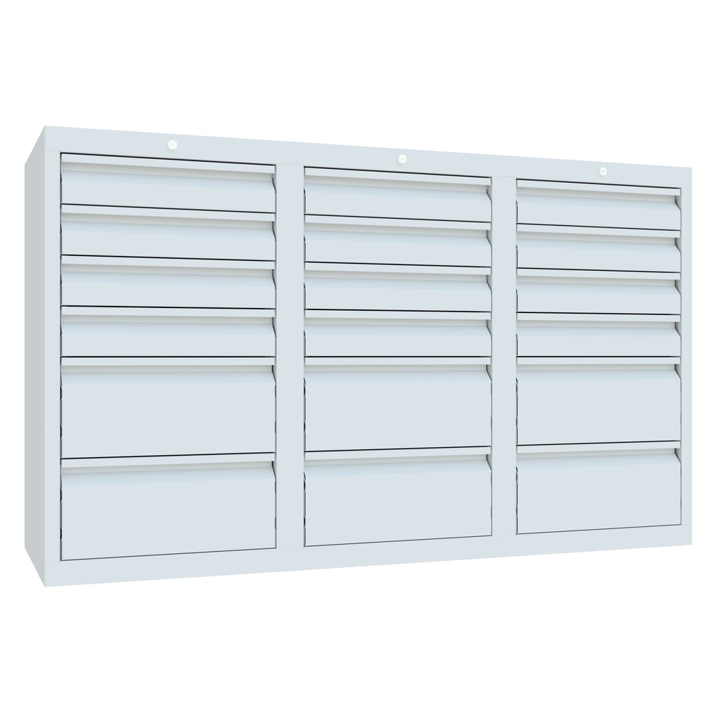 Produktabbildung: PAVOY Leichter Schubladenschrank, Gleitführung, Schubladen 12x100 + 6x200 mm, Breite 1.500 m, lichtgrau, lichtgrau
