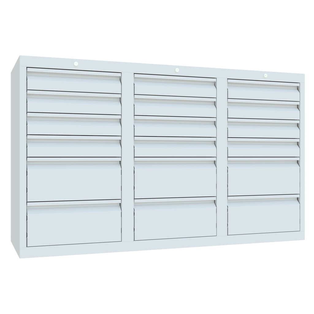 PAVOY Leichter Schubladenschrank, Gleitführung, Schubladen 12x100 + 6x200 mm, Breite 1.500 m, lichtgrau, lichtgrau Produktabbildung: PAVOY Leichter Schubladenschrank, Gleitführung, Schubladen 12x100 + 6x200 mm, Breite 1.500 m, lichtgrau, lichtgrau