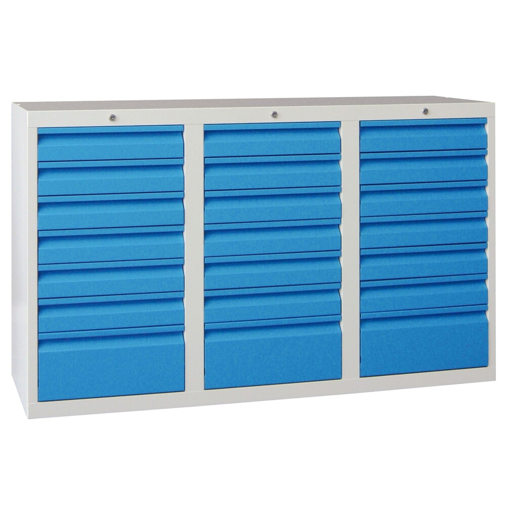 Produktabbildung: PAVOY Leichter Schubladenschrank, Gleitführung, Schubladen 18x100 + 3x200 mm, Breite 1.500 mm, himmelblau, lichtgrau