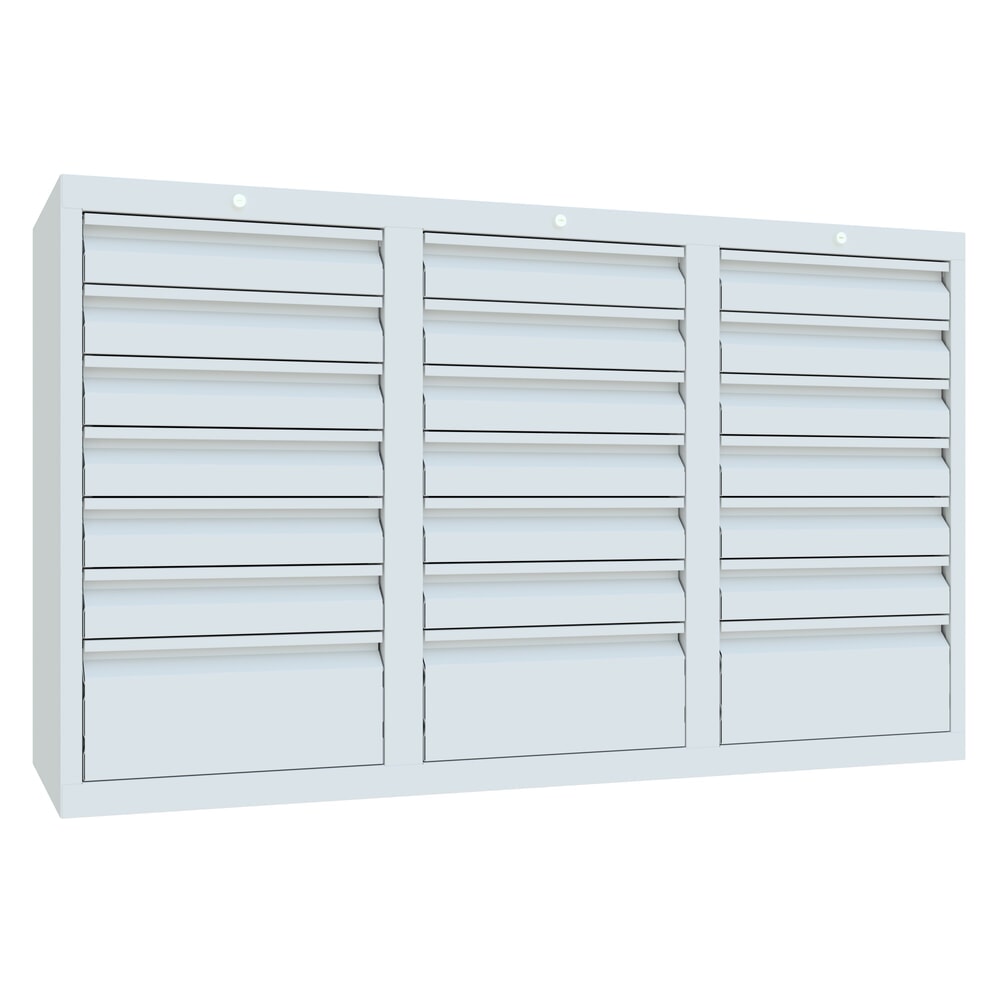 Produktabbildung: PAVOY Leichter Schubladenschrank, Gleitführung, Schubladen 18x100 + 3x200 mm, Breite 1.500 mm, lichtgrau, lichtgrau