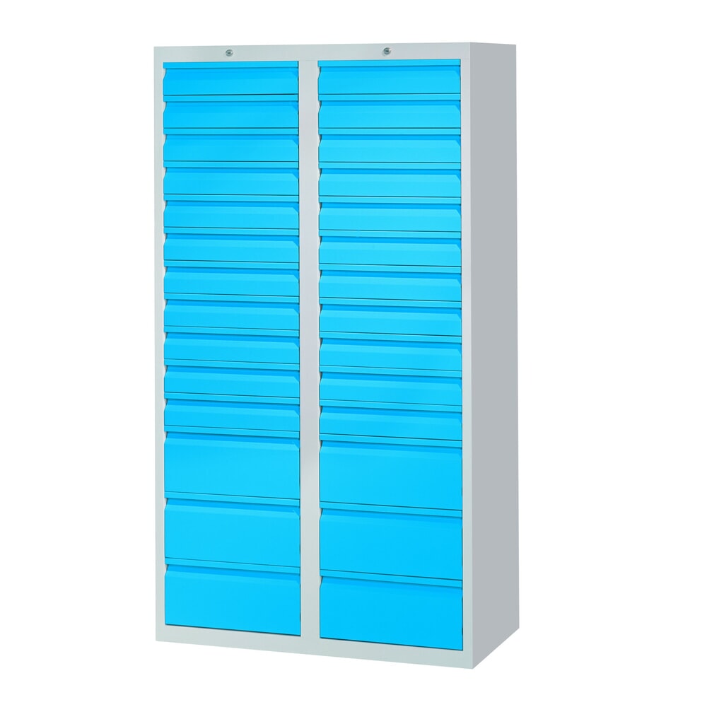 Produktabbildung: PAVOY Leichter Schubladenschrank, Gleitführung, Schubladen 22x100 + 6x200 mm, Breite 1.000 mm, himmelblau, lichtgrau