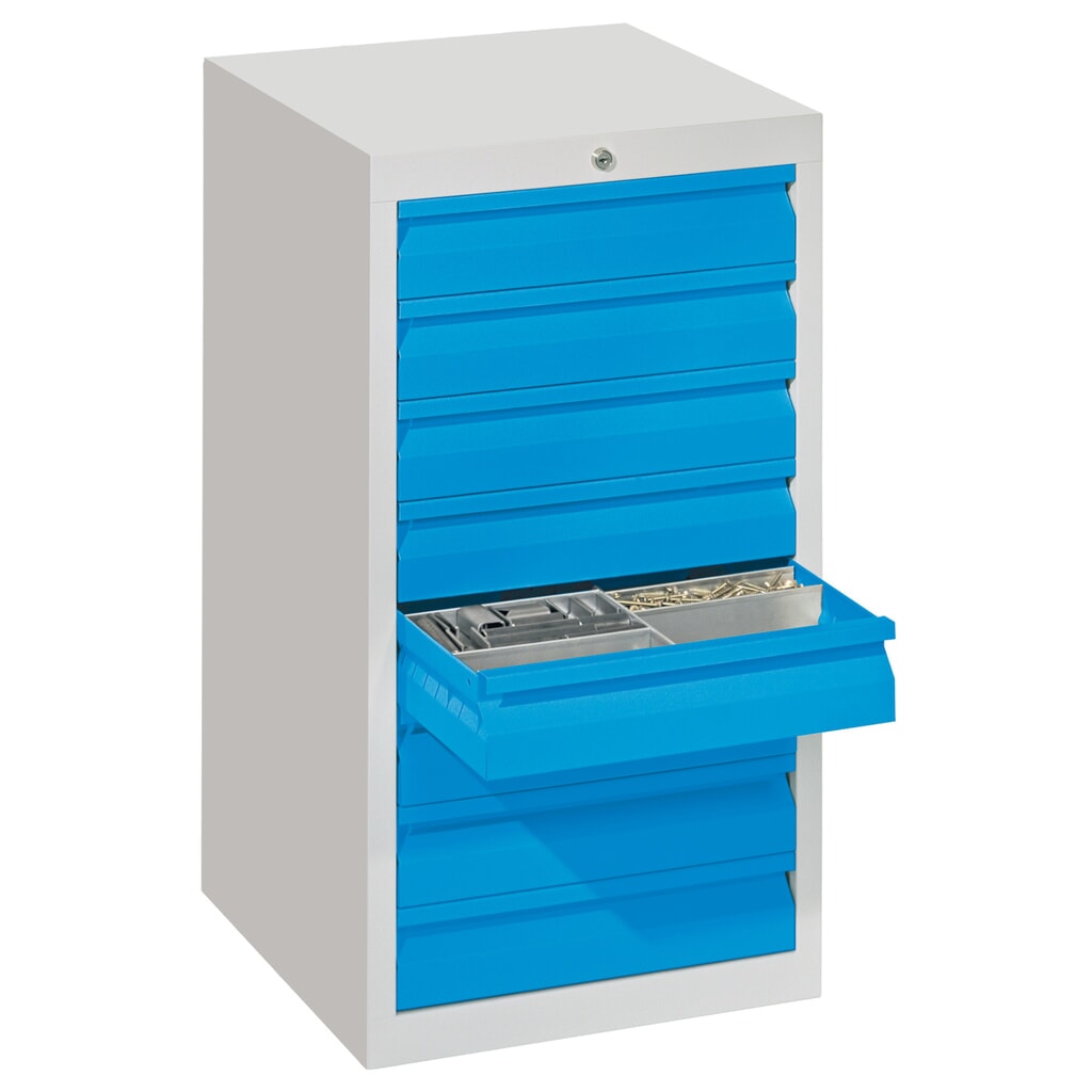 PAVOY Leichter Schubladenschrank, Rollenführung, Schubladen 8x100 mm, Breite 500 mm, lichtblau, lichtgrau Produktabbildung: PAVOY Leichter Schubladenschrank, Rollenführung, Schubladen 8x100 mm, Breite 500 mm, lichtblau, lichtgrau