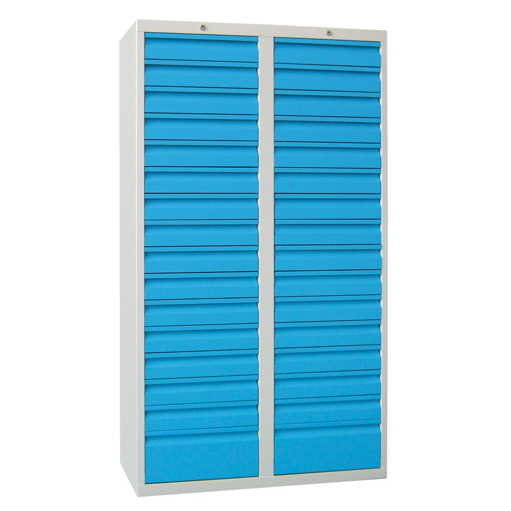 Produktabbildung: PAVOY Leichter Schubladenschrank, Gleitführung, Schubladen 30x100 + 2x200 mm, Breite 1.000 mm, himmelblau, lichtgrau
