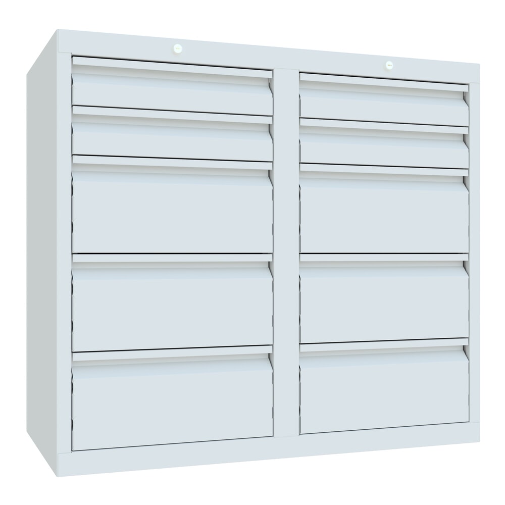 Produktabbildung: PAVOY Leichter Schubladenschrank, Gleitführung, Schubladen 4x100 + 6x200 mm, Breite 1.000 mm, lichtgrau, lichtgrau