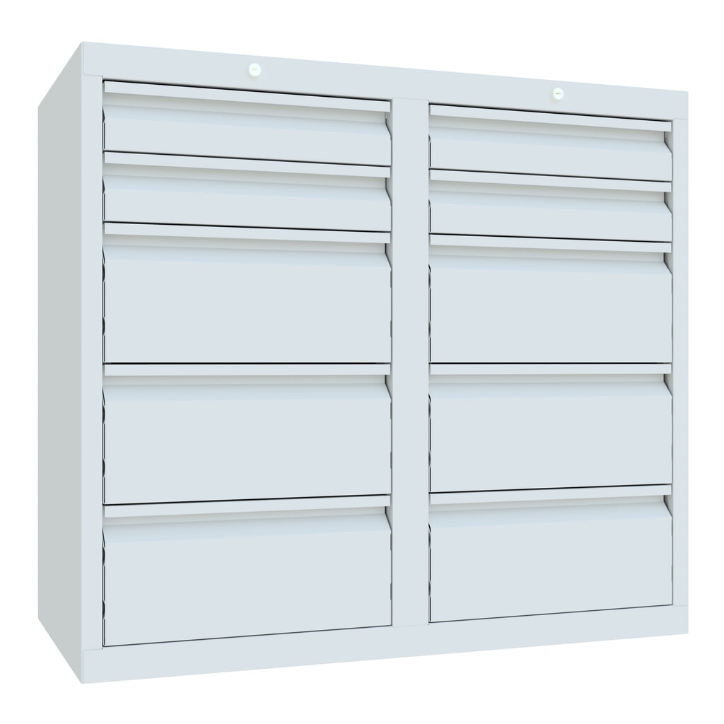 PAVOY Leichter Schubladenschrank, Gleitführung, Schubladen 4x100 + 6x200 mm, Breite 1.000 mm, lichtgrau, lichtgrau Produktabbildung: PAVOY Leichter Schubladenschrank, Gleitführung, Schubladen 4x100 + 6x200 mm, Breite 1.000 mm, lichtgrau, lichtgrau
