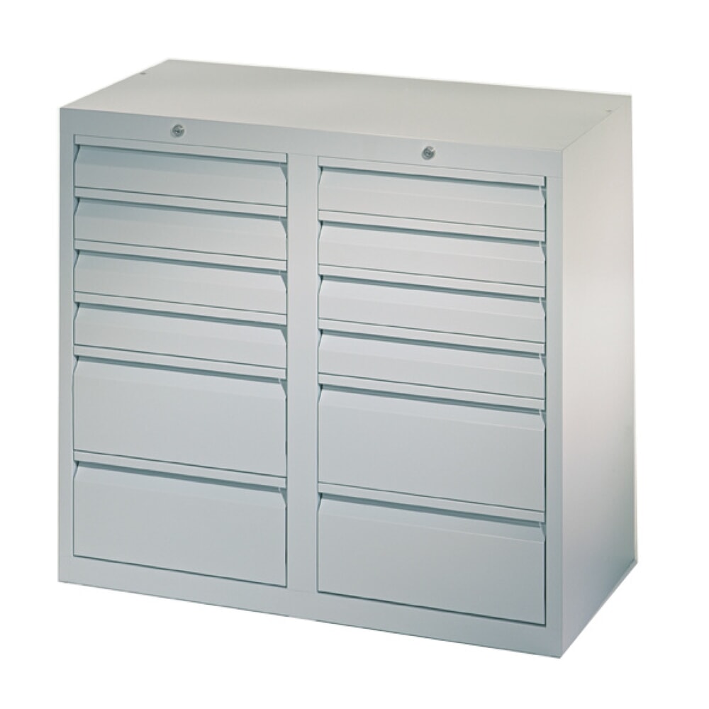 Produktabbildung: PAVOY Leichter Schubladenschrank, Gleitführung, Schubladen 8x100 + 4x200 mm, Breite 1.000 mm, lichtgrau, lichtgrau