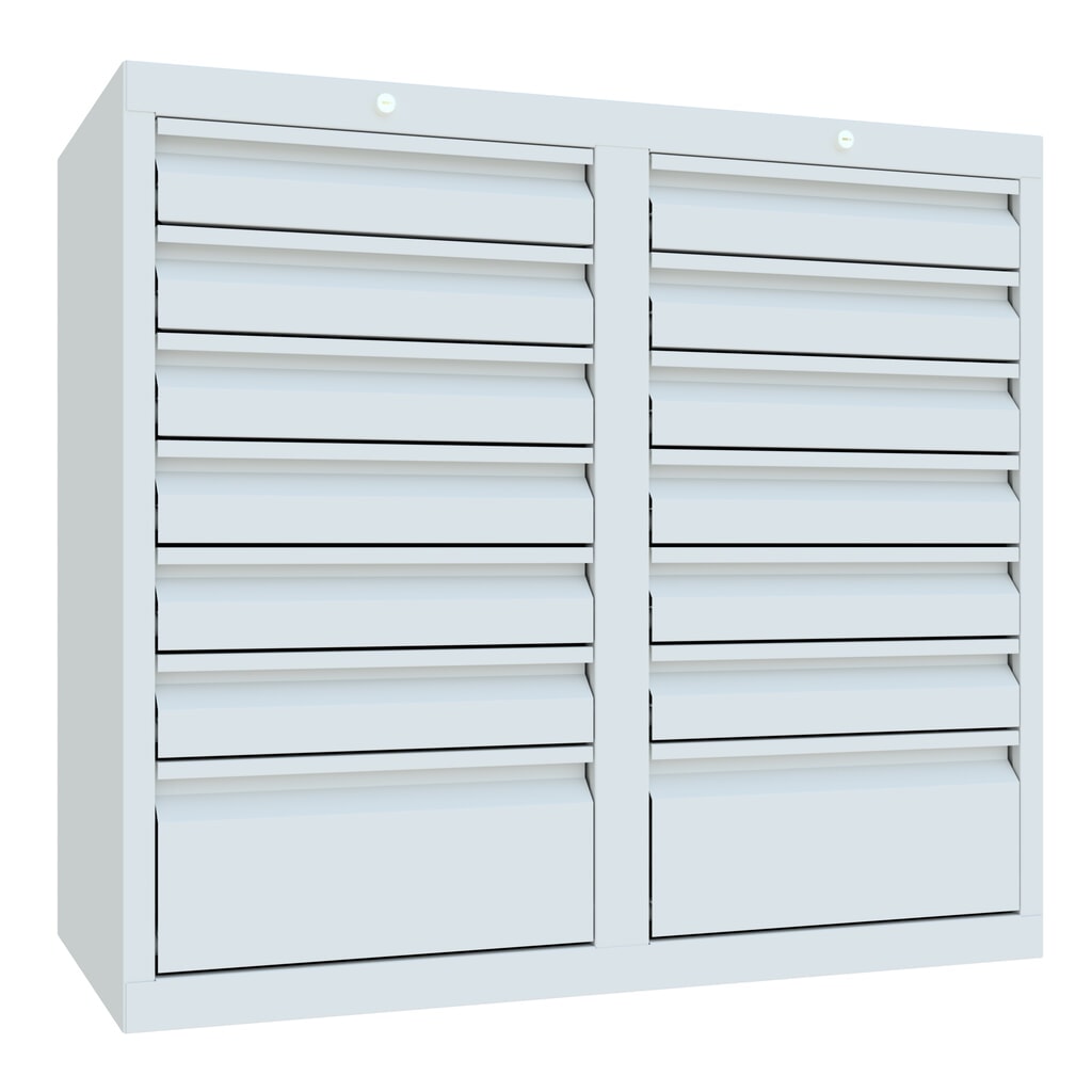 PAVOY Leichter Schubladenschrank, Rollenführung, Schubladen 12x100 + 2x200 mm, Breite 1.000 mm, lichtgrau, lichtgrau Produktabbildung Nr. 1: PAVOY Leichter Schubladenschrank, Rollenführung, Schubladen 12x100 + 2x200 mm, Breite 1.000 mm, lichtgrau, lichtgrau