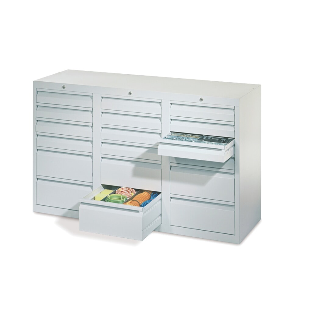 PAVOY Leichter Schubladenschrank, Gleitführung, Schubladen 18x100 + 3x200 mm, Breite 1.500 mm, lichtblau, lichtgrau Produktabbildung Nr. 1: PAVOY Leichter Schubladenschrank, Gleitführung, Schubladen 18x100 + 3x200 mm, Breite 1.500 mm, lichtblau, lichtgrau