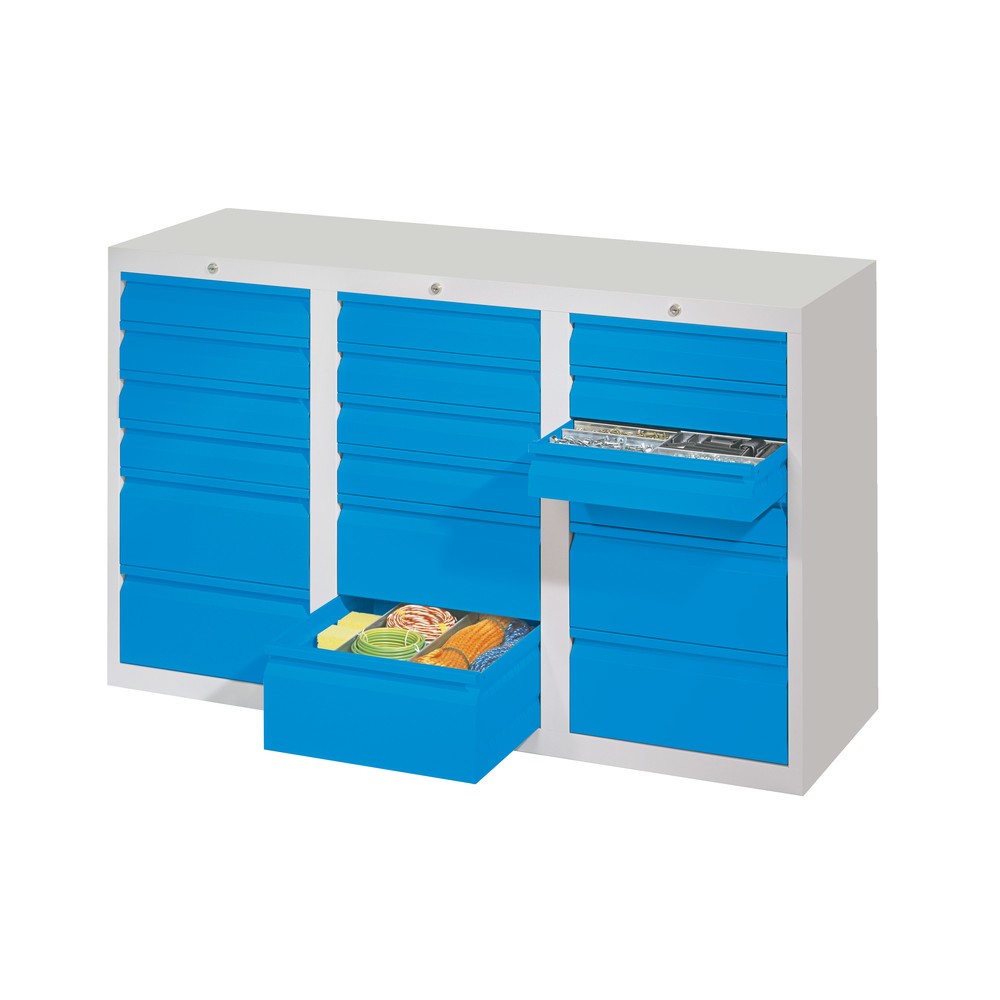 Produktabbildung Nr. 2: PAVOY Leichter Schubladenschrank, Rollenführung, Schubladen 12x100 + 6x200 mm, Breite 1.500 mm, enzianblau, lichtgrau