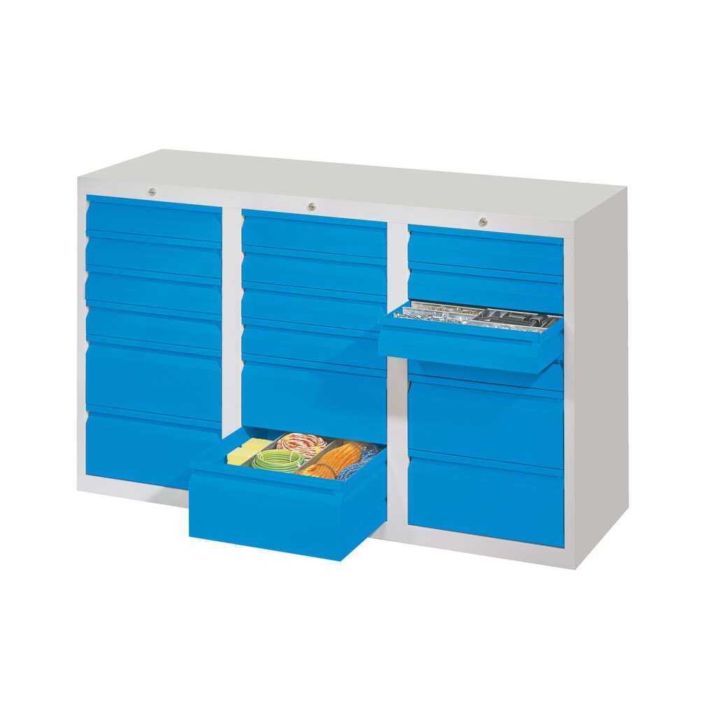 Produktabbildung Nr. 2: PAVOY Leichter Schubladenschrank, Gleitführung, Schubladen 18x100 + 3x200 mm, Breite 1.500 mm, lichtblau, lichtgrau
