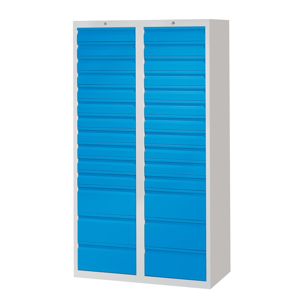 Produktabbildung: PAVOY Leichter Schubladenschrank, Gleitführung, Schubladen 22x100 + 6x200 mm, Breite 1.000 mm, enzianblau, lichtgrau
