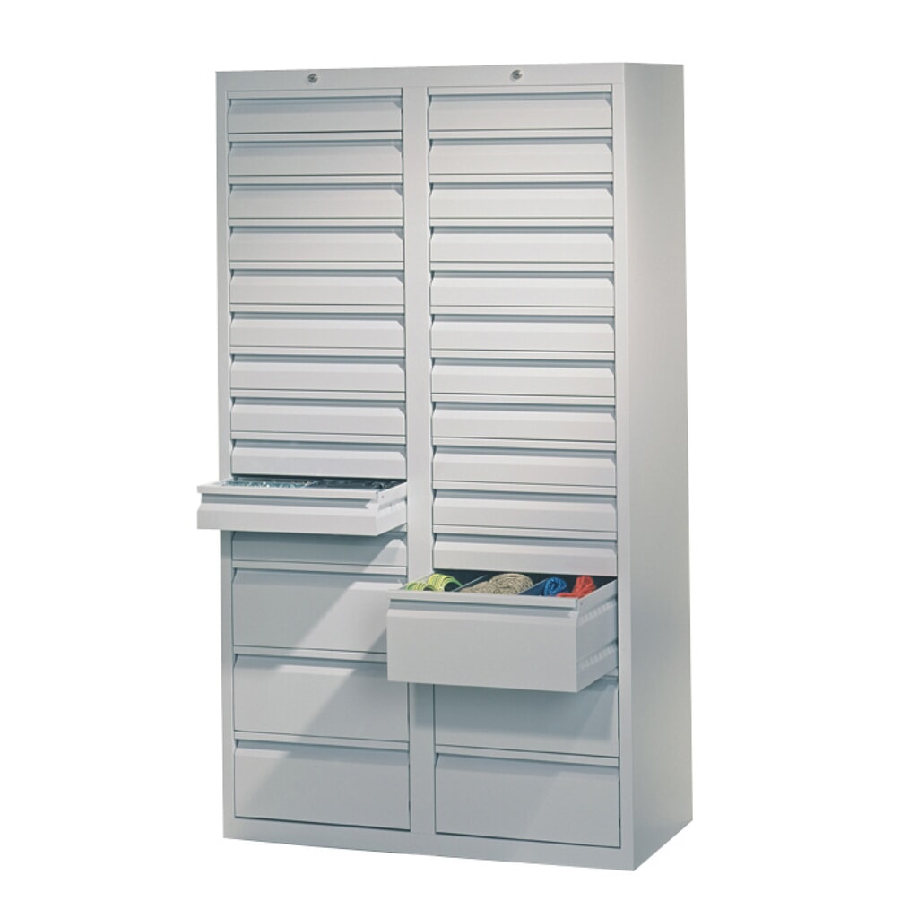 PAVOY Leichter Schubladenschrank, Rollenführung, Schubladen 22x100 + 6x200 mm, Breite 1.000 mm, lichtgrau, rubinrot Produktabbildung Nr. 2: PAVOY Leichter Schubladenschrank, Rollenführung, Schubladen 22x100 + 6x200 mm, Breite 1.000 mm, lichtgrau, rubinrot