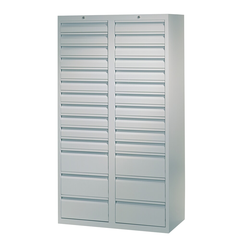 PAVOY Leichter Schubladenschrank, Rollenführung, Schubladen 22x100 + 6x200 mm, Breite 1.000 mm, lichtgrau, rubinrot Produktabbildung Nr. 3: PAVOY Leichter Schubladenschrank, Rollenführung, Schubladen 22x100 + 6x200 mm, Breite 1.000 mm, lichtgrau, rubinrot
