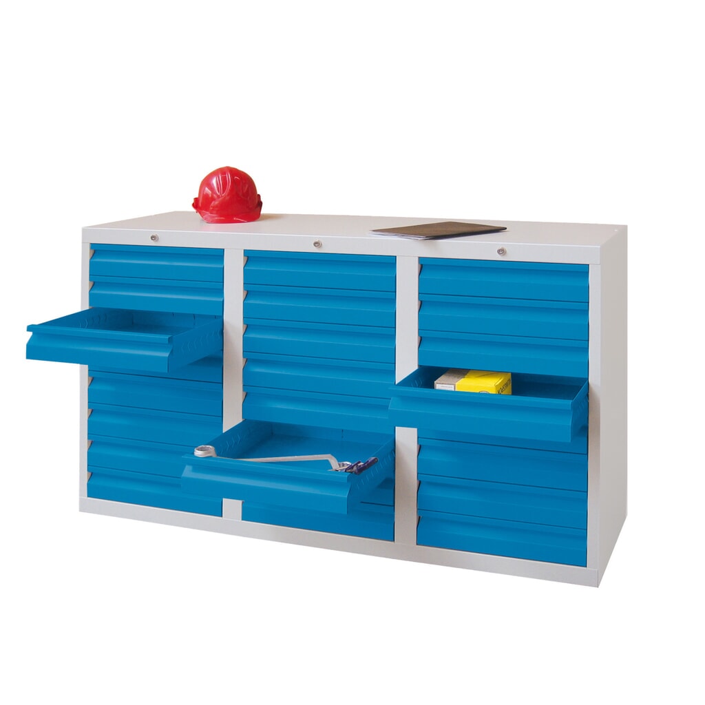 PAVOY Leichter Schubladenschrank, Gleitführung, Schubladen 24x100 mm, Breite 1.500 mm, lichtblau, lichtgrau Produktabbildung Nr. 2: PAVOY Leichter Schubladenschrank, Gleitführung, Schubladen 24x100 mm, Breite 1.500 mm, lichtblau, lichtgrau